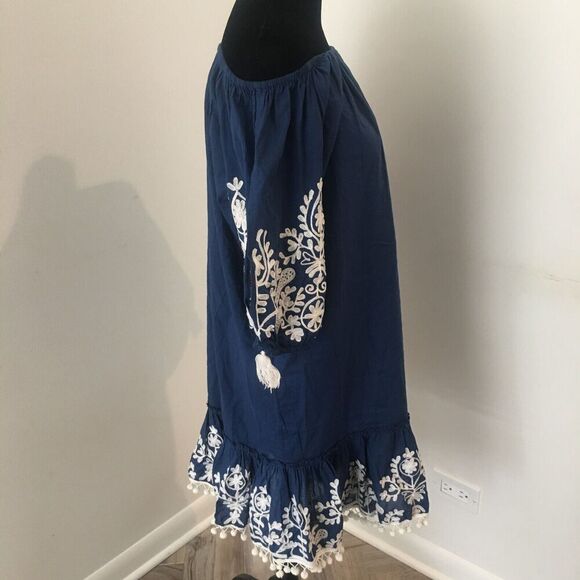 DEBBIE KATZ Boho Blue Off Shoulder Embroidered Pompoms Tassels Dress Cover Up S - Picture 3 of 10